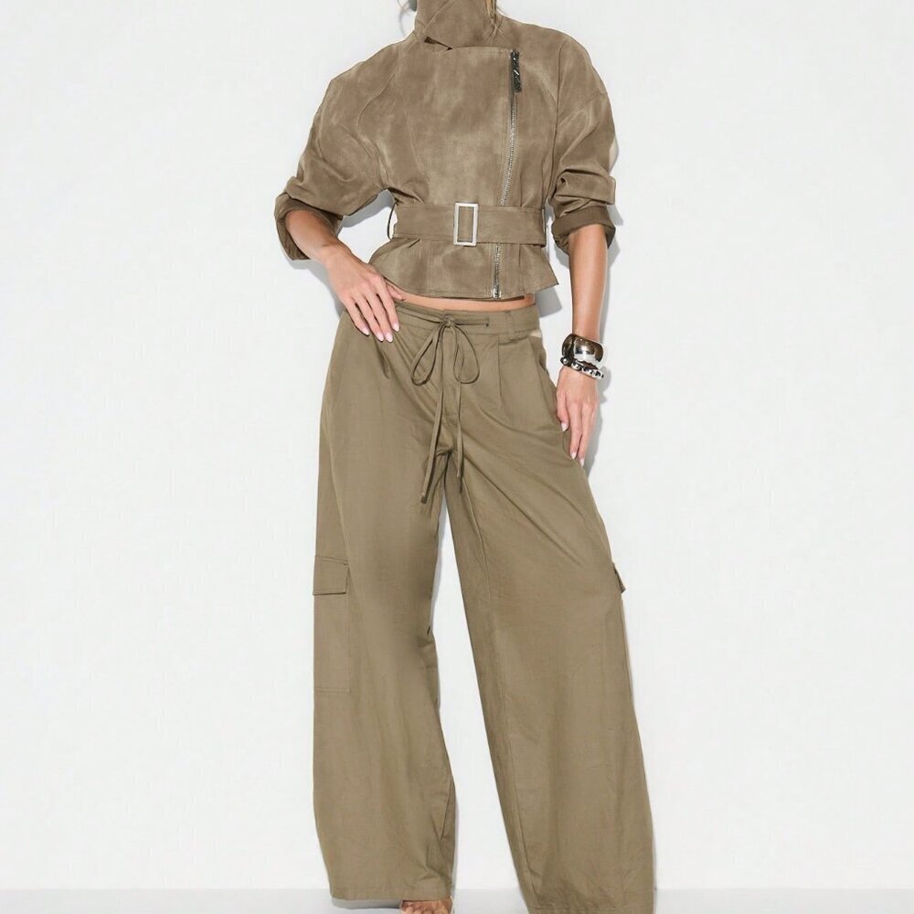 Brown Casual Women's Cropped Biker Suedette Jacket - Picture 3 of 8